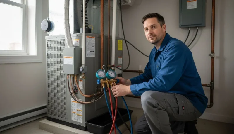 HVAC technician checking AC refrigerant levels during maintenance