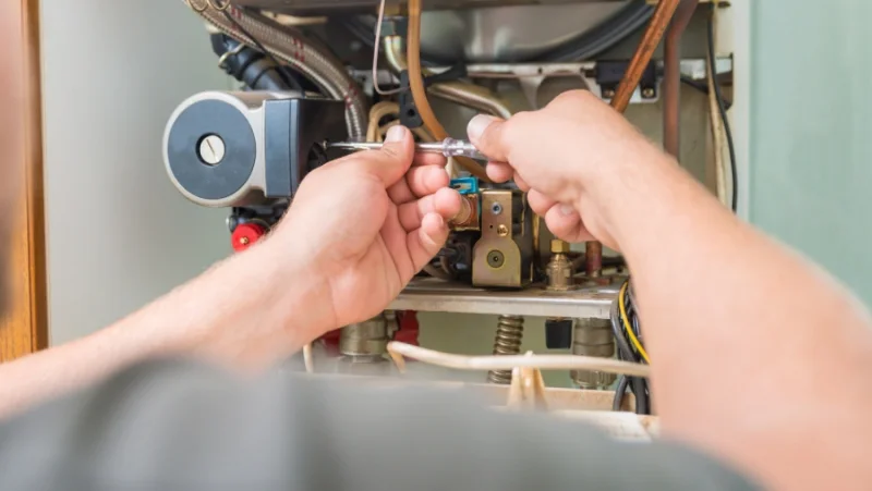 HVAC technician servicing a residential heating furnace system